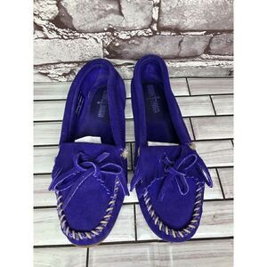 Minnetonka Purple Suede Fringe Tie Moccasins Flats Shoes Women’s Sz 7M US/38EU